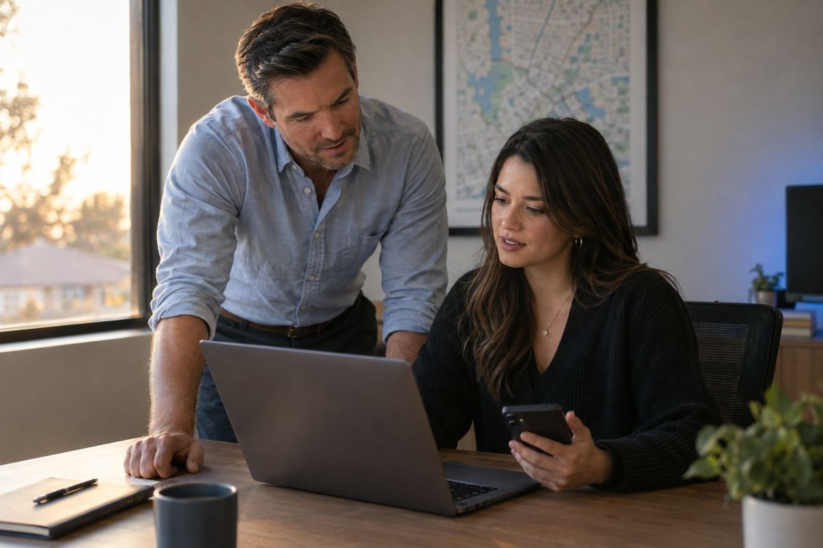 A team lead and an agent reviewing a new lead together in a brokerage office